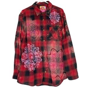 Handmade Floral Flannel Shirt Mens Size XL Unisex Bleached Plaid Button Down Red